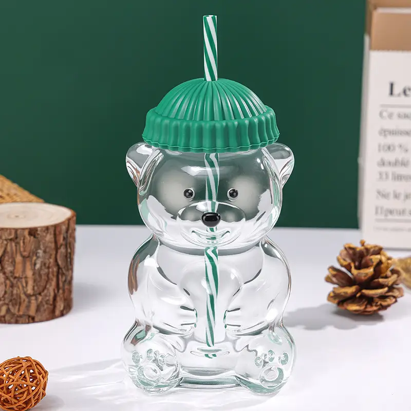 Cross-Border Popular Teddy Bear Glass Cup with Straw, Cute Cartoon Bear Cup, Christmas Gift Cup, Wholesale and Private Label