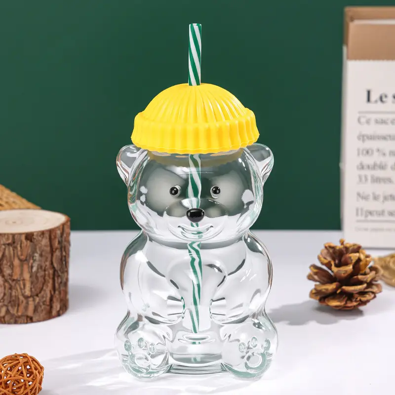 Cross-Border Popular Teddy Bear Glass Cup with Straw, Cute Cartoon Bear Cup, Christmas Gift Cup, Wholesale and Private Label