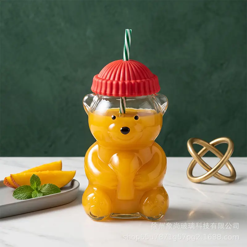 Cross-Border Popular Teddy Bear Glass Cup with Straw, Cute Cartoon Bear Cup, Christmas Gift Cup, Wholesale and Private Label