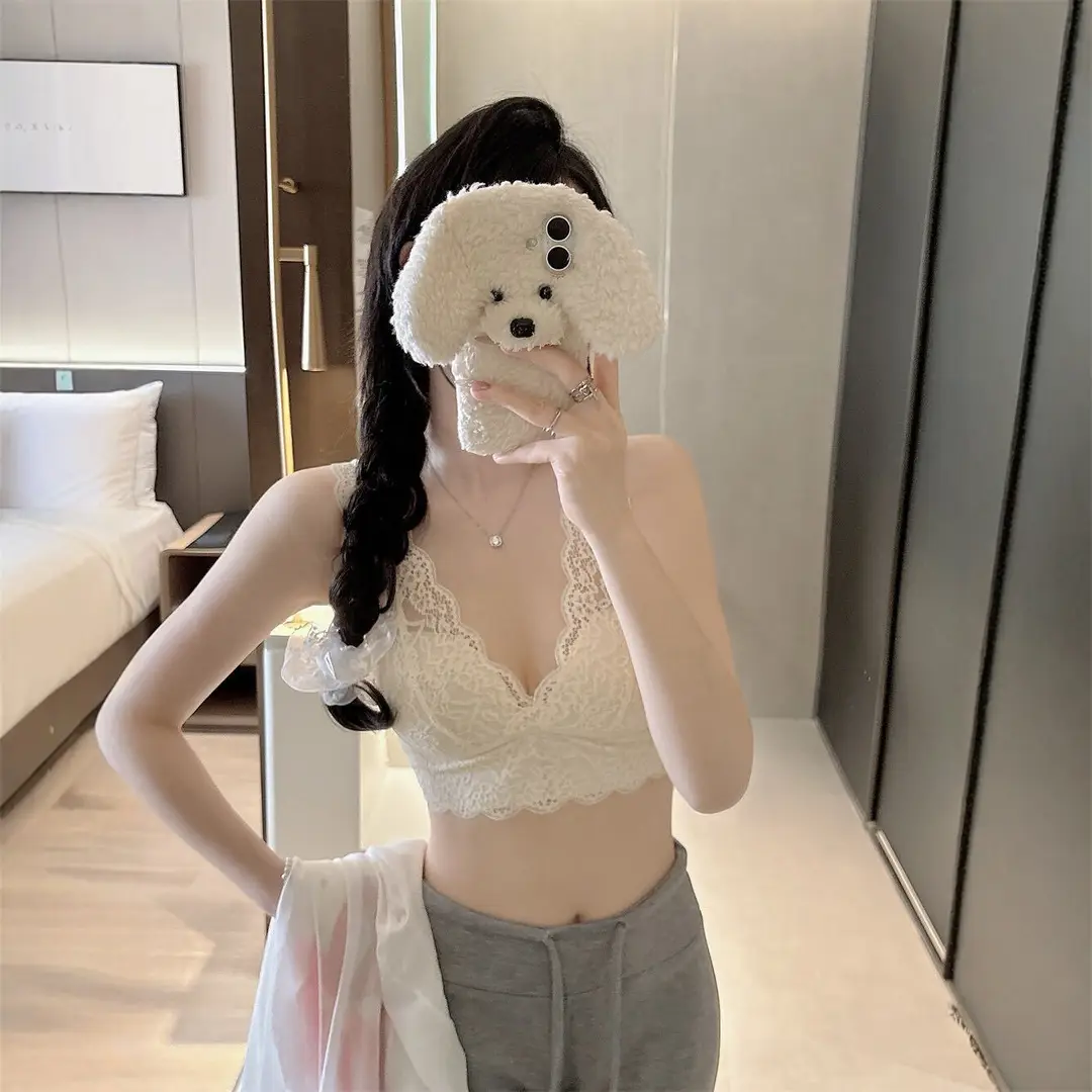 French-Style Pure Desire Lace Wireless Bra for Women with Small Busts, Thin and Breathable Vest-Style Beauty Back Lingerie