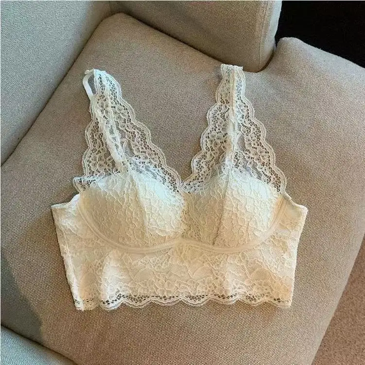 French-Style Pure Desire Lace Wireless Bra for Women with Small Busts, Thin and Breathable Vest-Style Beauty Back Lingerie
