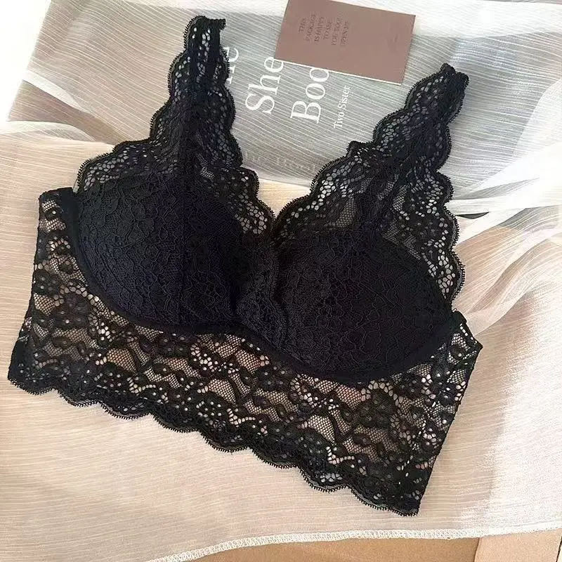 French-Style Pure Desire Lace Wireless Bra for Women with Small Busts, Thin and Breathable Vest-Style Beauty Back Lingerie
