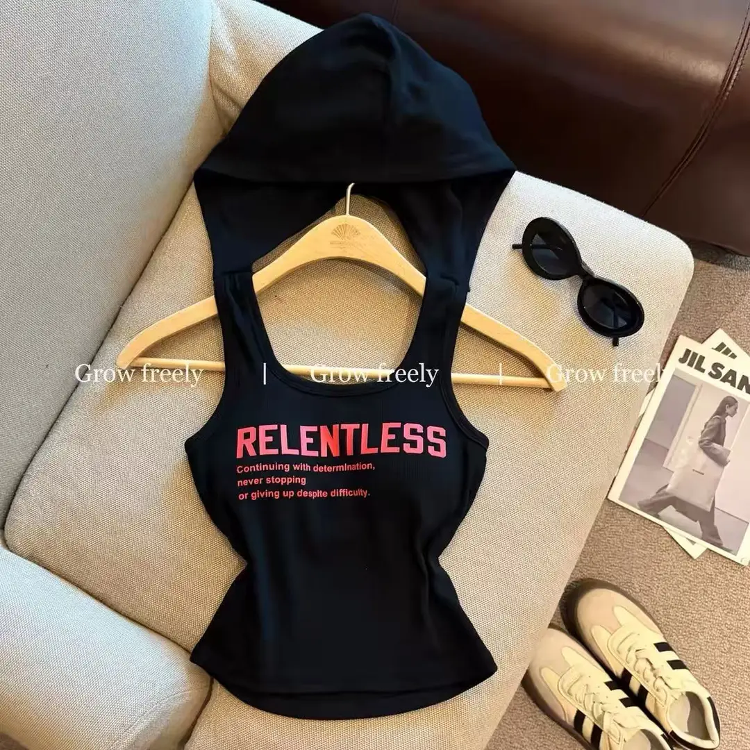 Summer New Style Hot Girl Style Letter-Printed Camisole for Women, Slim Fit, Backless, Hooded Design Top — feature 11