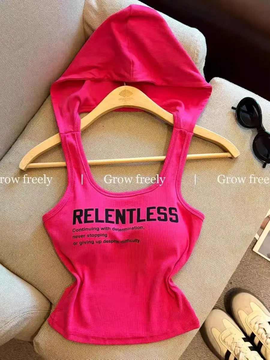Summer New Style Hot Girl Style Letter-Printed Camisole for Women, Slim Fit, Backless, Hooded Design Top — feature 8