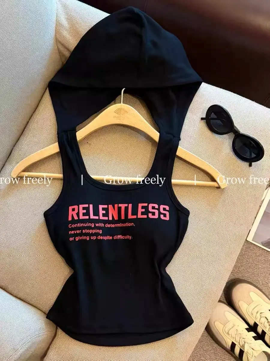 Summer New Style Hot Girl Style Letter-Printed Camisole for Women, Slim Fit, Backless, Hooded Design Top — feature 9
