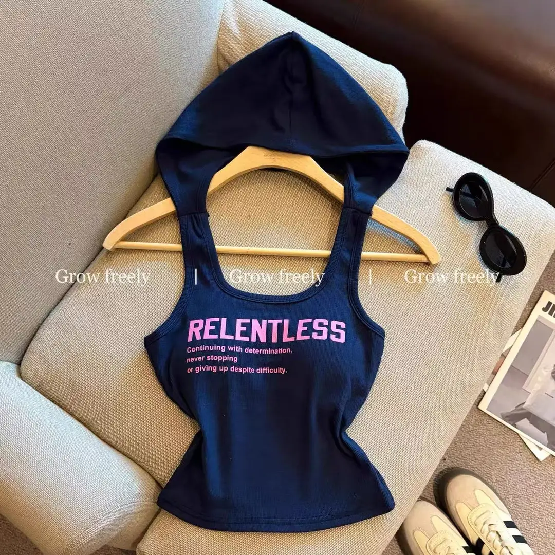 Summer New Style Hot Girl Style Letter-Printed Camisole for Women, Slim Fit, Backless, Hooded Design Top