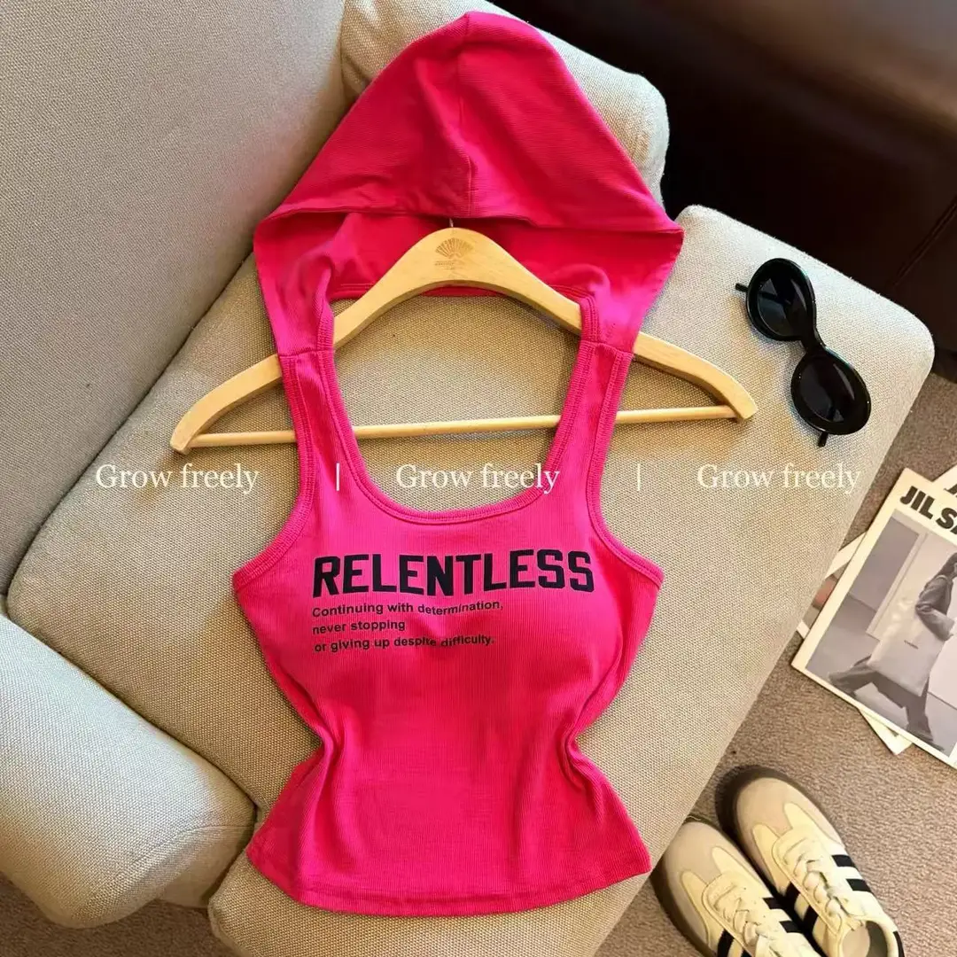 Summer New Style Hot Girl Style Letter-Printed Camisole for Women, Slim Fit, Backless, Hooded Design Top
