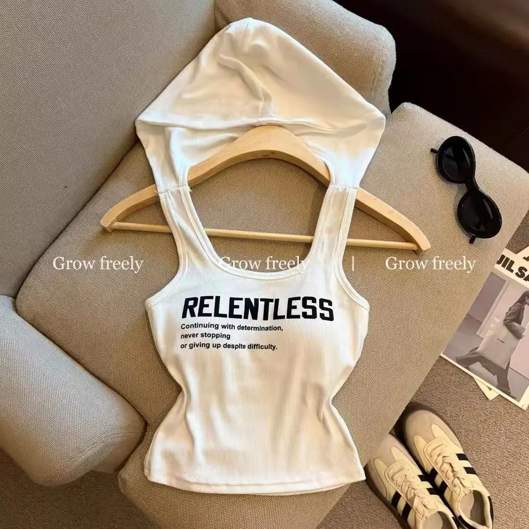 Summer New Style Hot Girl Style Letter-Printed Camisole for Women, Slim Fit, Backless, Hooded Design Top