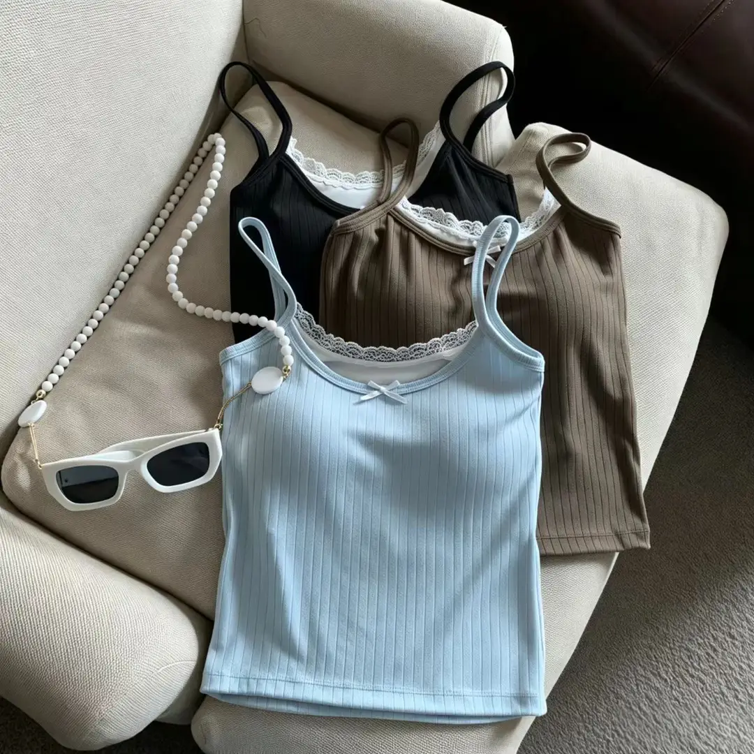 Pure Desire Bowknot Lace Camisole for Women with Built-In Chest Pads, Beautiful Back Design, Sleeveless, Versatile for Layering or Wearing Alone, Summer Top
