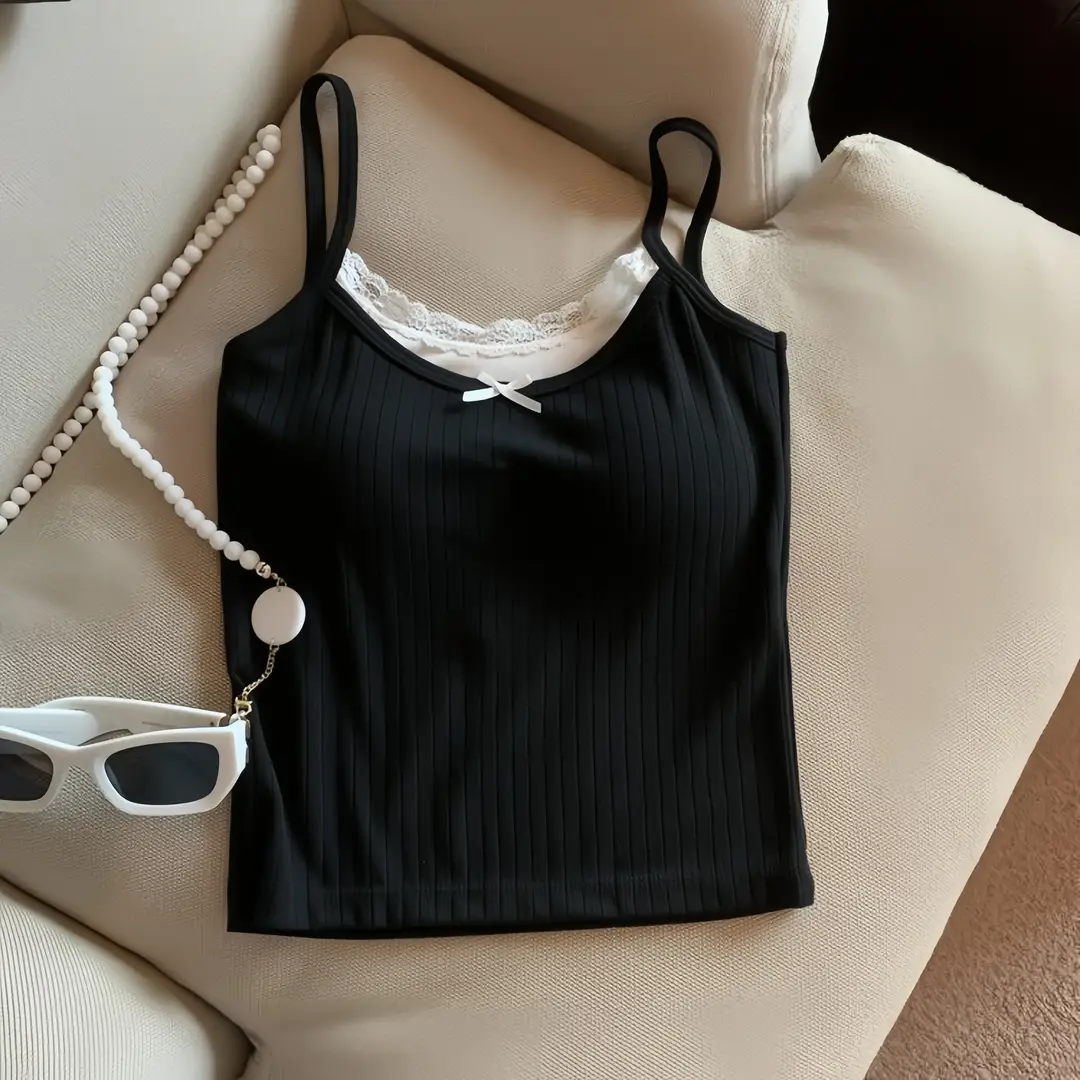 Pure Desire Bowknot Lace Camisole for Women with Built-In Chest Pads, Beautiful Back Design, Sleeveless, Versatile for Layering or Wearing Alone, Summer Top