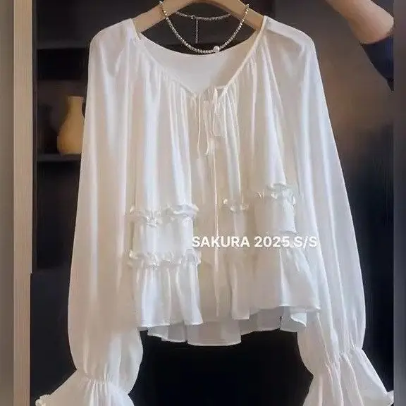 2026 New French-Style Ruffled Tie Flare-Sleeve Blouse for Women, Summer Loose Slimming Shirt Top