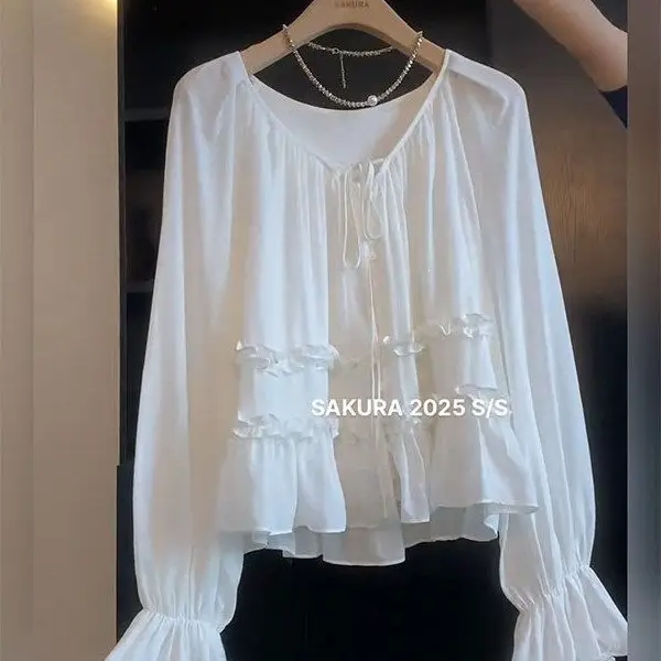 2026 New French-Style Ruffled Tie Flare-Sleeve Blouse for Women, Summer Loose Slimming Shirt Top