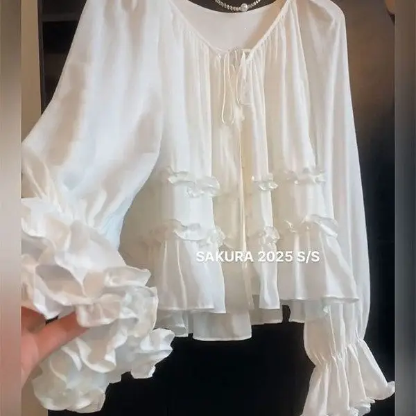 2026 New French-Style Ruffled Tie Flare-Sleeve Blouse for Women, Summer Loose Slimming Shirt Top