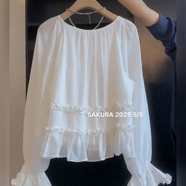 2026 New French-Style Ruffled Tie Flare-Sleeve Blouse for Women, Summer Loose Slimming Shirt Top