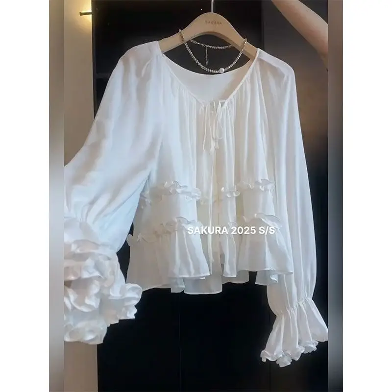 2026 New French-Style Ruffled Tie Flare-Sleeve Blouse for Women, Summer Loose Slimming Shirt Top — feature 2