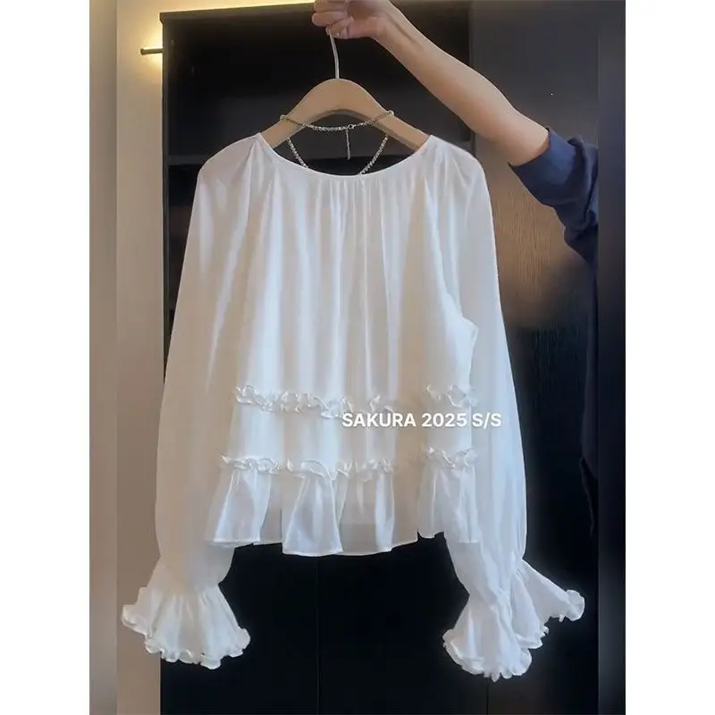 2026 New French-Style Ruffled Tie Flare-Sleeve Blouse for Women, Summer Loose Slimming Shirt Top — feature 3