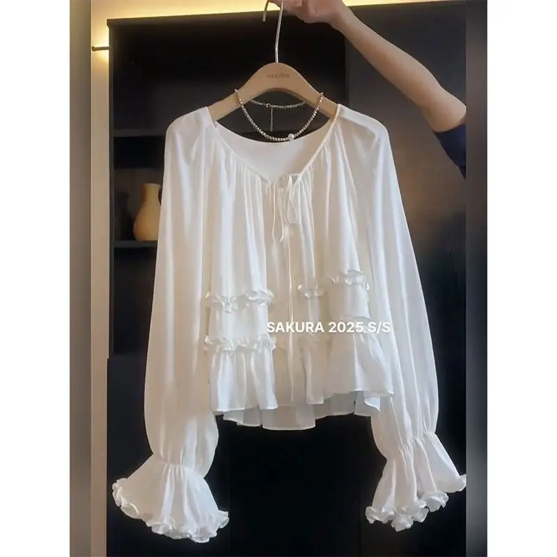 2026 New French-Style Ruffled Tie Flare-Sleeve Blouse for Women, Summer Loose Slimming Shirt Top — feature 4