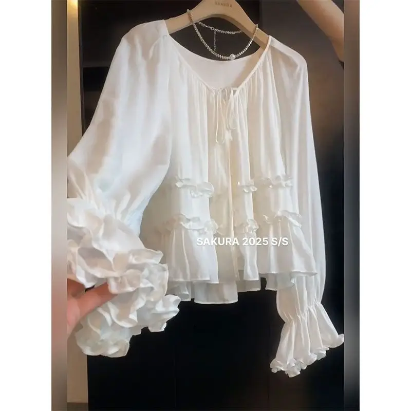 2026 New French-Style Ruffled Tie Flare-Sleeve Blouse for Women, Summer Loose Slimming Shirt Top — feature 5