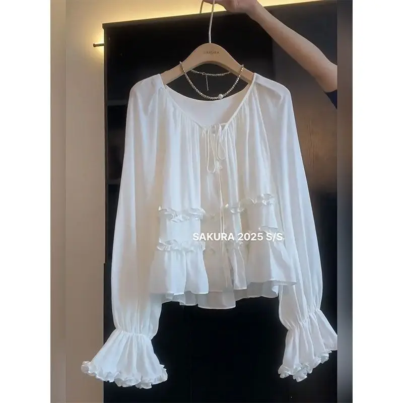 2026 New French-Style Ruffled Tie Flare-Sleeve Blouse for Women, Summer Loose Slimming Shirt Top — feature 6