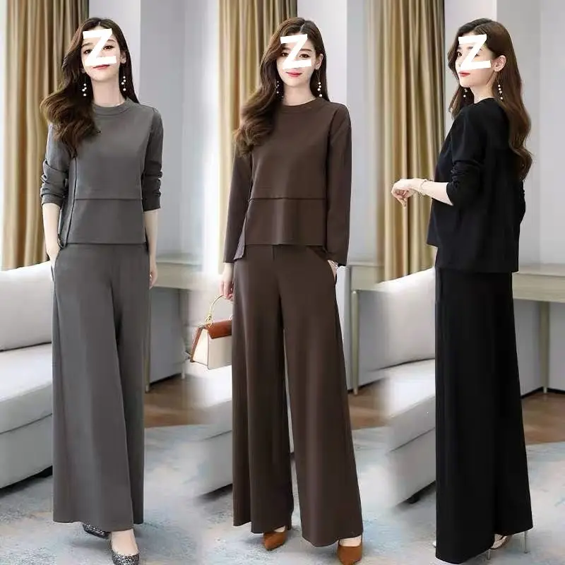 Wide-Leg Pants Set 2022 Spring and Autumn New Style for Women, Age-Reducing and Slimming Casual Skirt-Pants Two-Piece Set, Plus Size Slimming