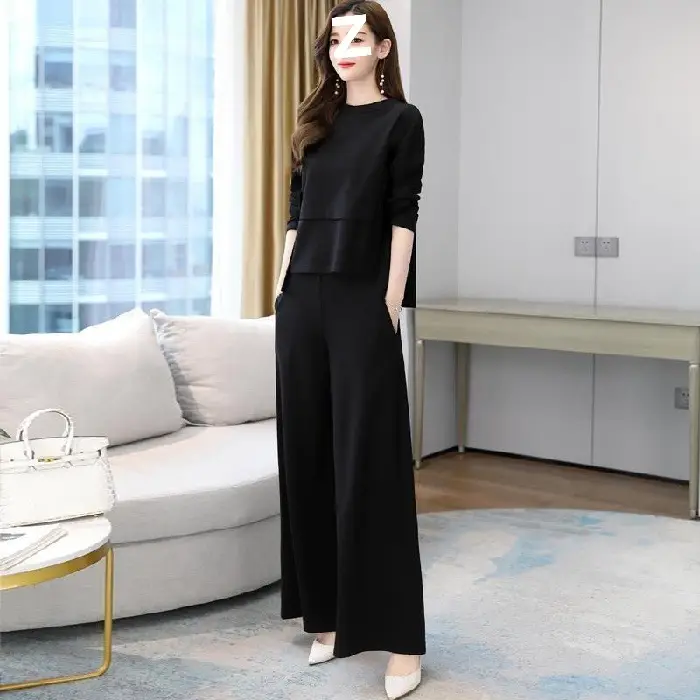 Wide-Leg Pants Set 2022 Spring and Autumn New Style for Women, Age-Reducing and Slimming Casual Skirt-Pants Two-Piece Set, Plus Size Slimming