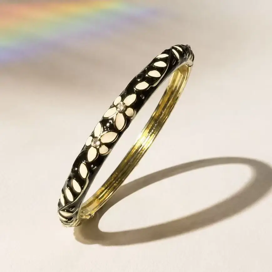 New Style Chinese-Style Cloisonné Enamel Bracelet with Floral Design, Featuring Large Rhinestones, Suitable for Hanfu and New Chinese-Style Outfits, Open-Ended Bracelet with Floral and Leaf Motifs