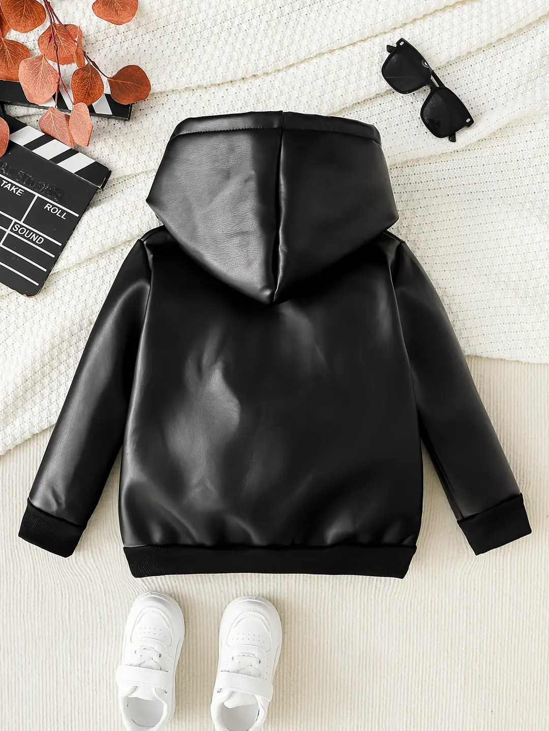Boys' Fleece-Lined Autumn and Winter Pu Leather Black and Brown Hooded Zip-Up Jacket with English Letter Logo