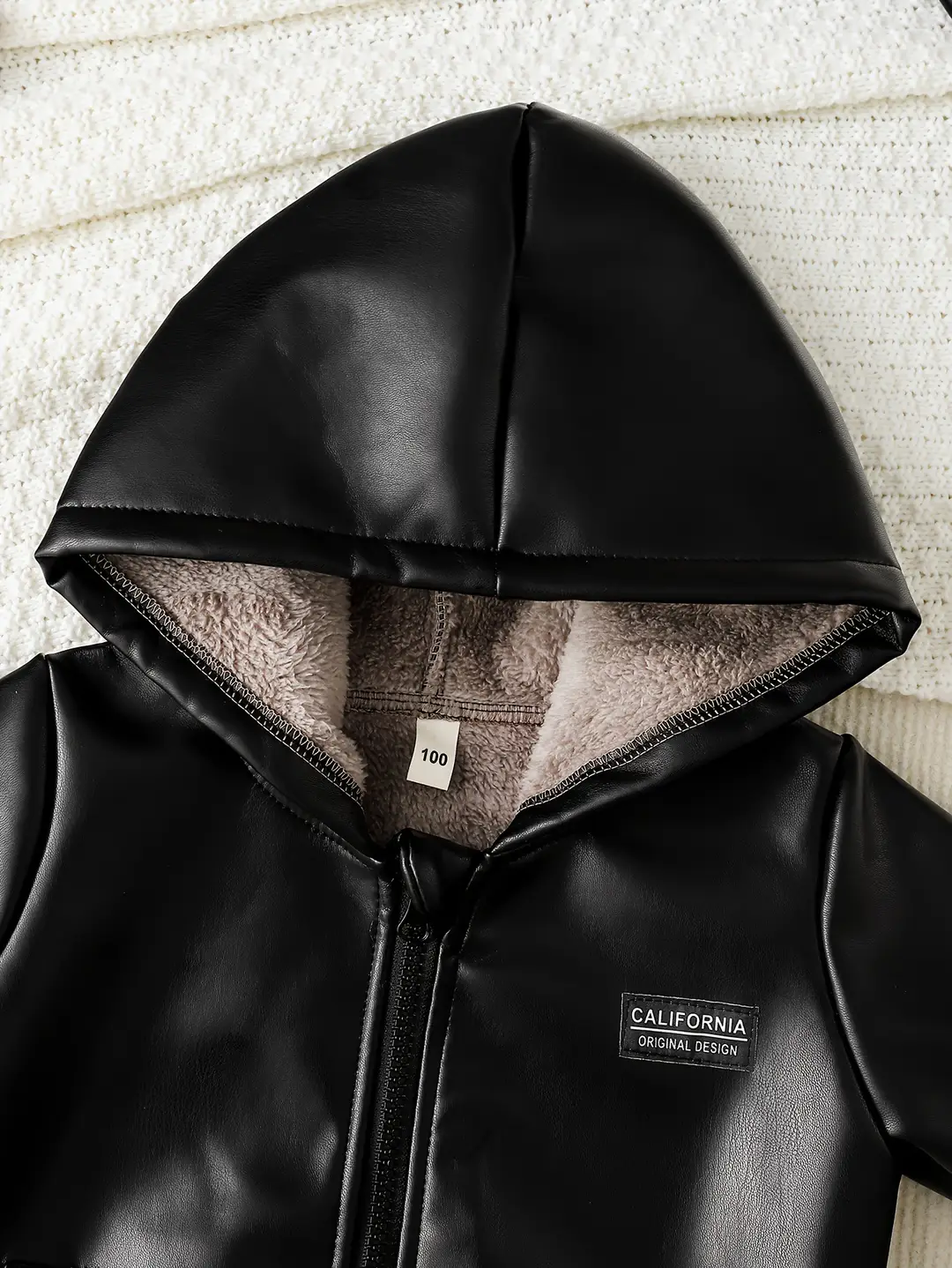 Boys' Fleece-Lined Autumn and Winter Pu Leather Black and Brown Hooded Zip-Up Jacket with English Letter Logo