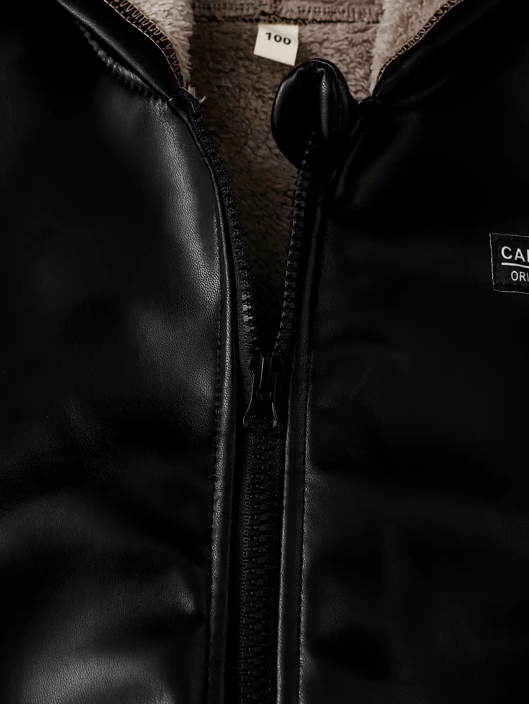 Boys' Fleece-Lined Autumn and Winter Pu Leather Black and Brown Hooded Zip-Up Jacket with English Letter Logo
