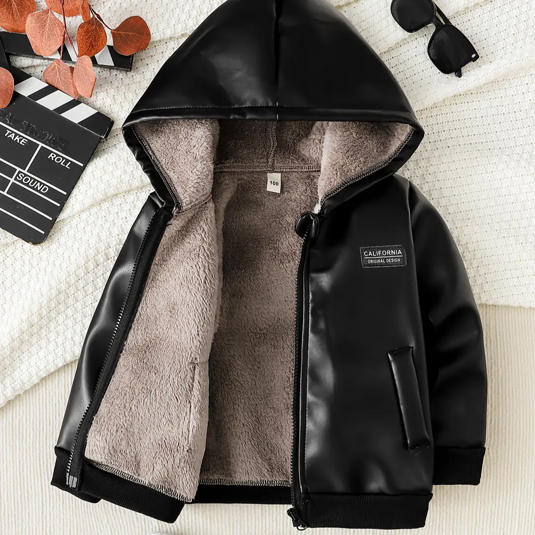 Boys' Fleece-Lined Autumn and Winter Pu Leather Black and Brown Hooded Zip-Up Jacket with English Letter Logo — feature 4