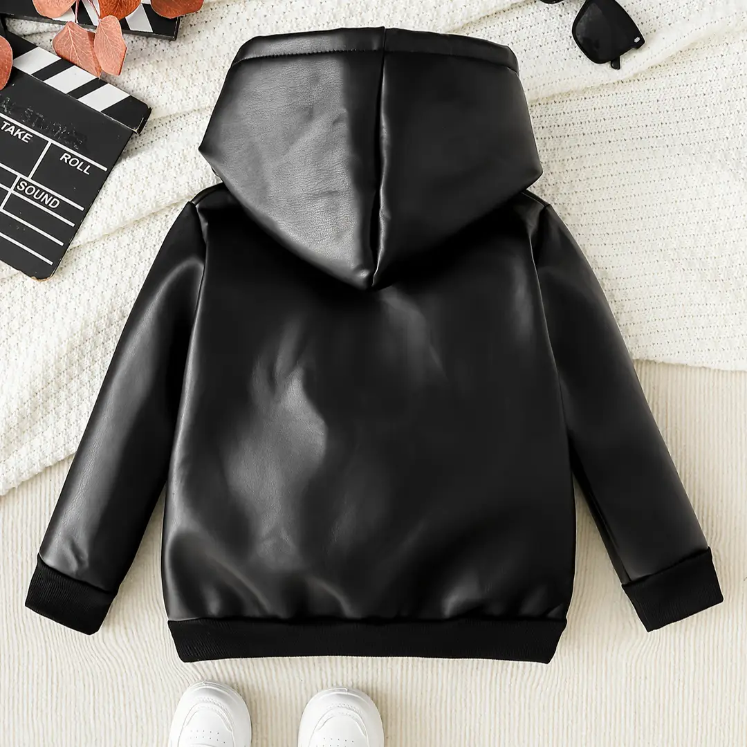 Boys' Fleece-Lined Autumn and Winter Pu Leather Black and Brown Hooded Zip-Up Jacket with English Letter Logo — feature 5