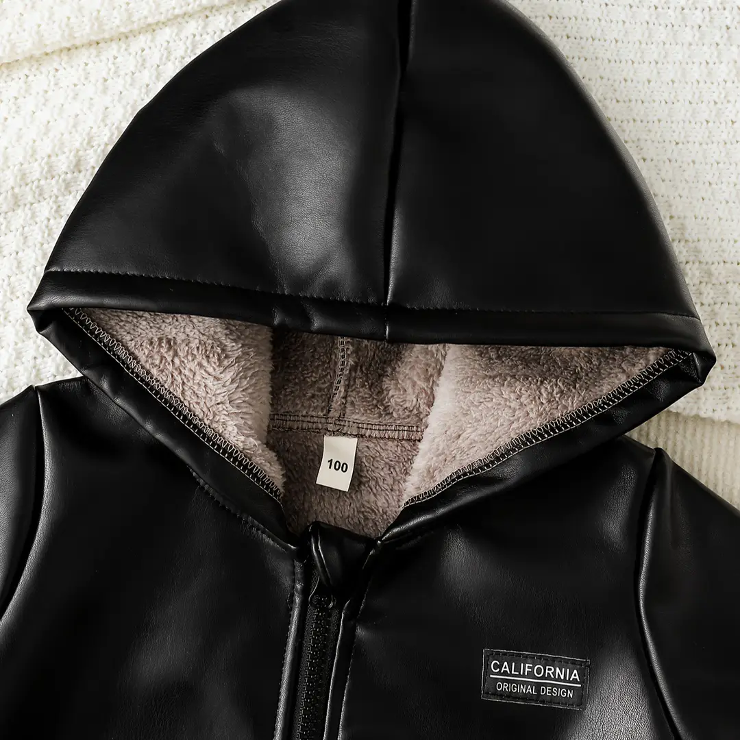 Boys' Fleece-Lined Autumn and Winter Pu Leather Black and Brown Hooded Zip-Up Jacket with English Letter Logo — feature 6