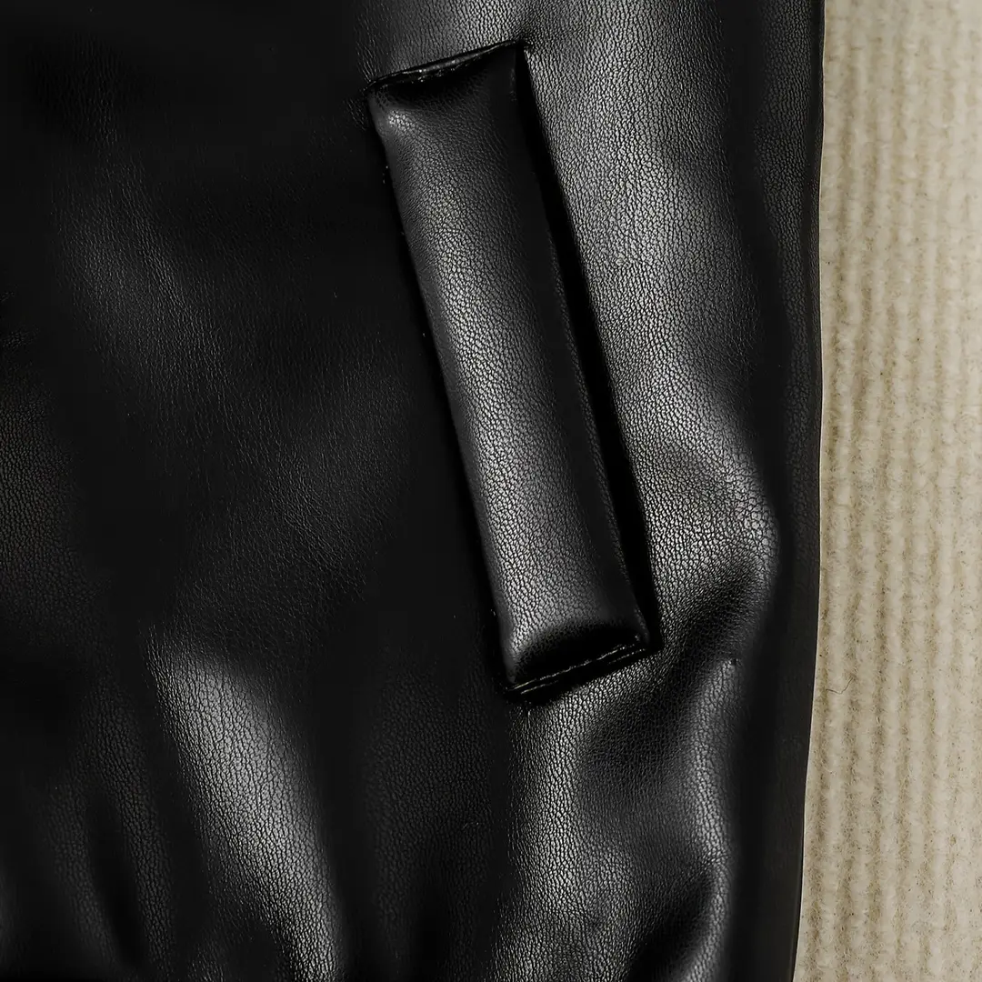 Boys' Fleece-Lined Autumn and Winter Pu Leather Black and Brown Hooded Zip-Up Jacket with English Letter Logo — feature 8