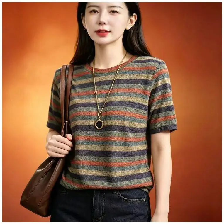 Dropshipping 2026 Summer New Fashion Striped Slim-Fit Women's T-Shirt Short-Sleeve Stretchy Base Shirt for Women - Image 2