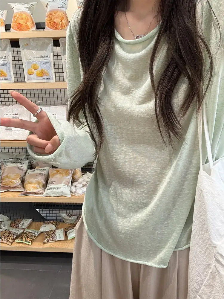Lazy and Pure Desire Style Loose Semi-Sheer Long-Sleeve Blouse for Women, New Summer Tencel Texture Sun-Protective Base Shirt T-Shirt