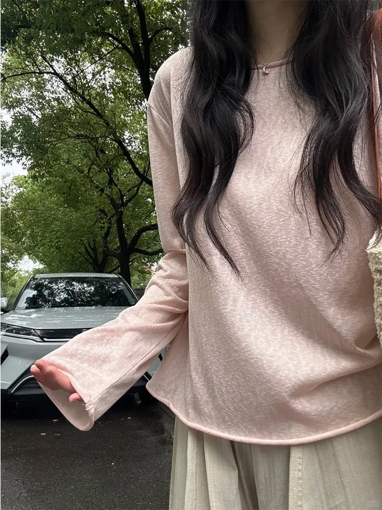 Lazy and Pure Desire Style Loose Semi-Sheer Long-Sleeve Blouse for Women, New Summer Tencel Texture Sun-Protective Base Shirt T-Shirt