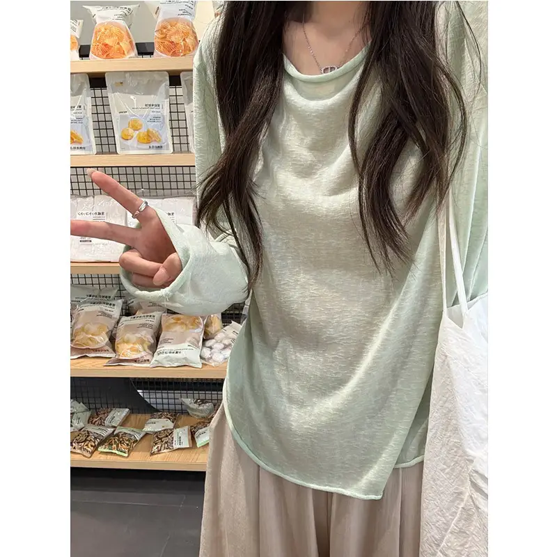 Lazy and Pure Desire Style Loose Semi-Sheer Long-Sleeve Blouse for Women, New Summer Tencel Texture Sun-Protective Base Shirt T-Shirt
