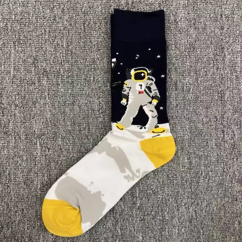 Happysocks Trendy Brand Socks Astronaut Mid-Calf Socks Men's Cartoon Astronaut Planet Large Size Colorful Socks