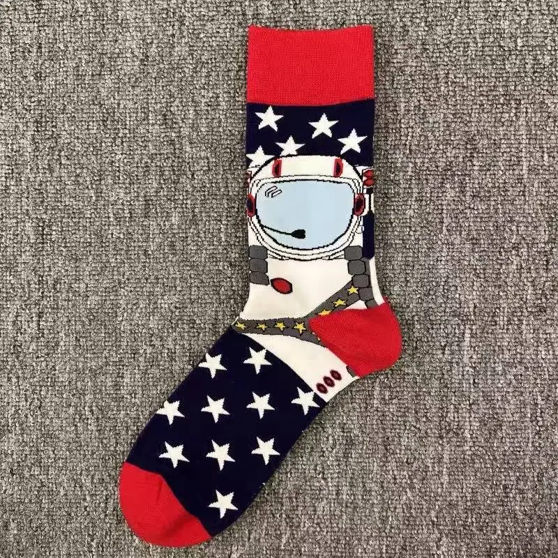 Happysocks Trendy Brand Socks Astronaut Mid-Calf Socks Men's Cartoon Astronaut Planet Large Size Colorful Socks