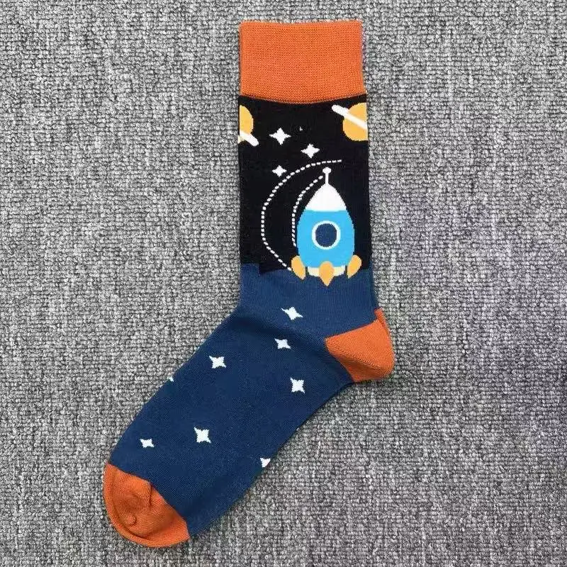Happysocks Trendy Brand Socks Astronaut Mid-Calf Socks Men's Cartoon Astronaut Planet Large Size Colorful Socks