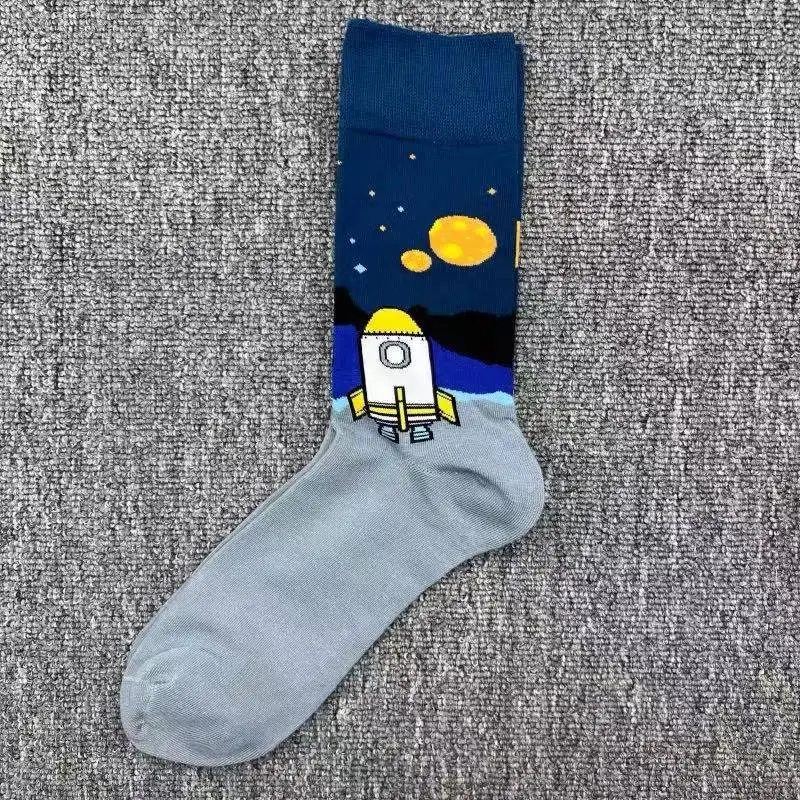 Happysocks Trendy Brand Socks Astronaut Mid-Calf Socks Men's Cartoon Astronaut Planet Large Size Colorful Socks