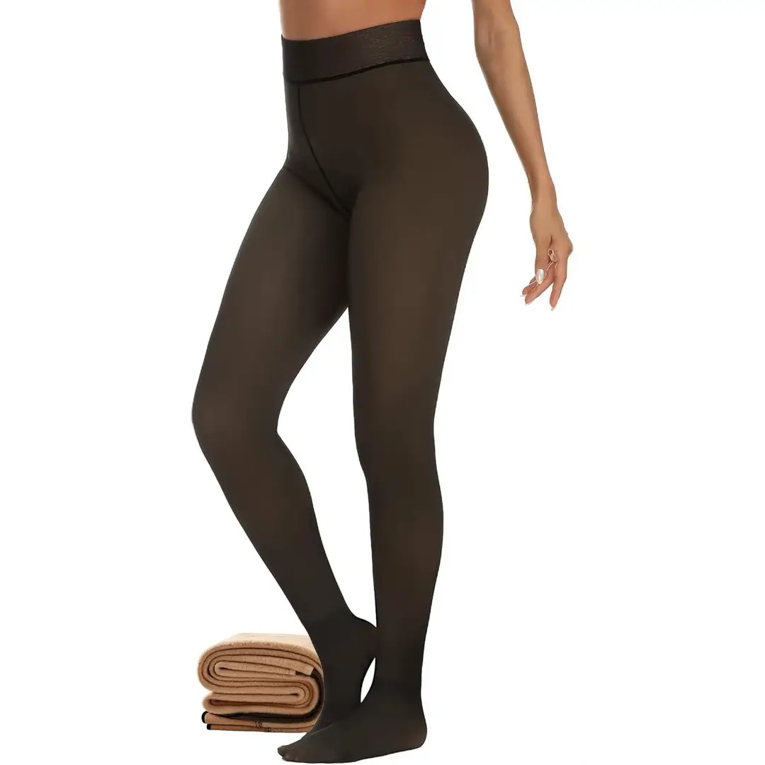 Plus-Size Faux Silk Black Translucent Leggings for Women, Fleece-Lined Tight Pants, Semi-Transparent Thermal Leggings