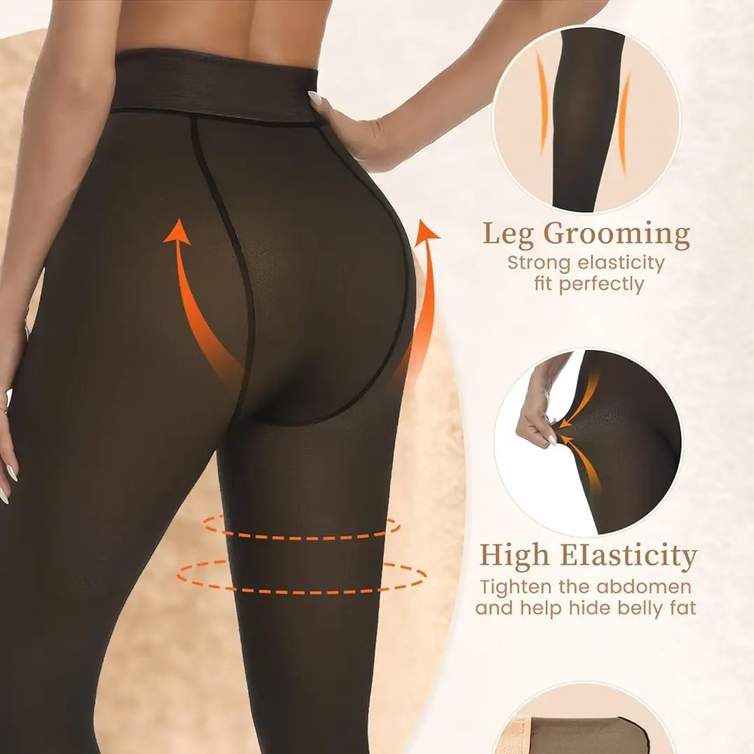 Plus-Size Faux Silk Black Translucent Leggings for Women, Fleece-Lined Tight Pants, Semi-Transparent Thermal Leggings