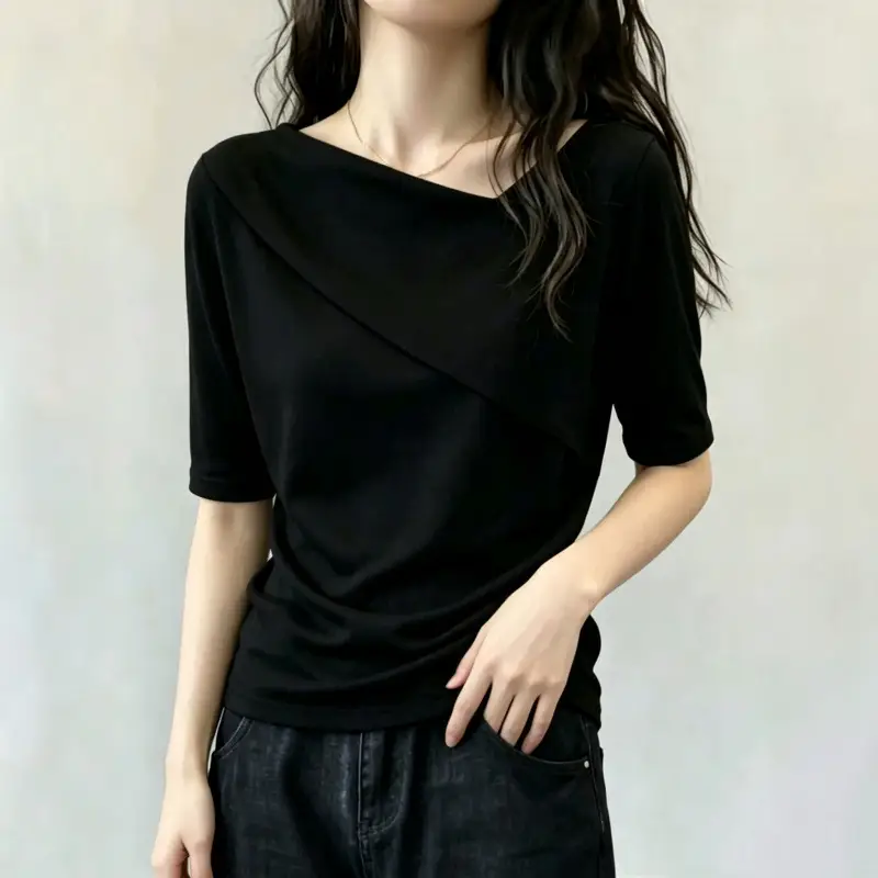 Chic Design with a Unique Shoulder Cut and Asymmetrical Neckline, Short-Sleeve T-Shirt for Women, New Summer Style, Loose Fit for Plus-Size, Slimming, Versatile, Age-Reducing Top