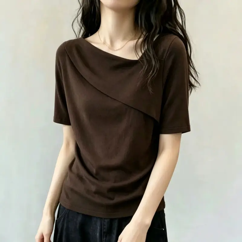 Chic Design with a Unique Shoulder Cut and Asymmetrical Neckline, Short-Sleeve T-Shirt for Women, New Summer Style, Loose Fit for Plus-Size, Slimming, Versatile, Age-Reducing Top