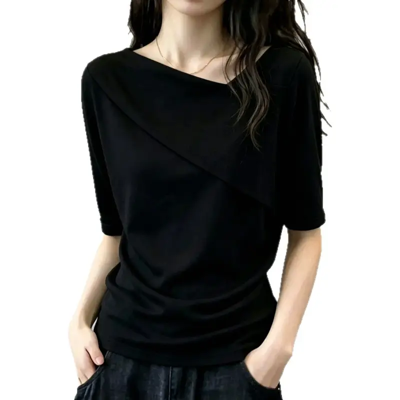 Chic Design with a Unique Shoulder Cut and Asymmetrical Neckline, Short-Sleeve T-Shirt for Women, New Summer Style, Loose Fit for Plus-Size, Slimming, Versatile, Age-Reducing Top
