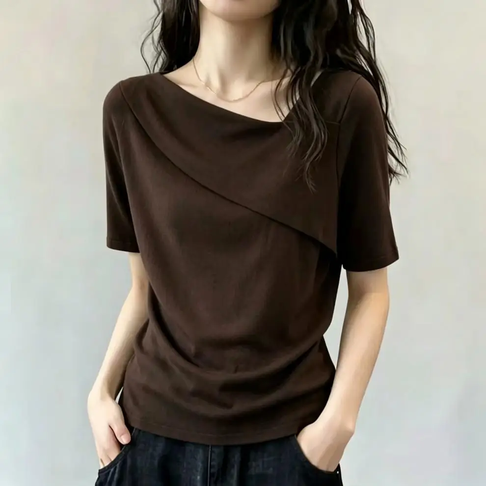 Chic Design with a Unique Shoulder Cut and Asymmetrical Neckline, Short-Sleeve T-Shirt for Women, New Summer Style, Loose Fit for Plus-Size, Slimming, Versatile, Age-Reducing Top — feature 1