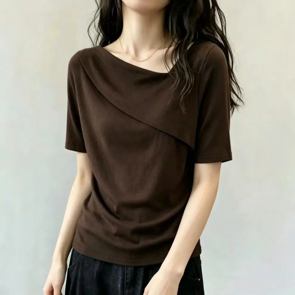 Chic Design with a Unique Shoulder Cut and Asymmetrical Neckline, Short-Sleeve T-Shirt for Women, New Summer Style, Loose Fit for Plus-Size, Slimming, Versatile, Age-Reducing Top — feature 2