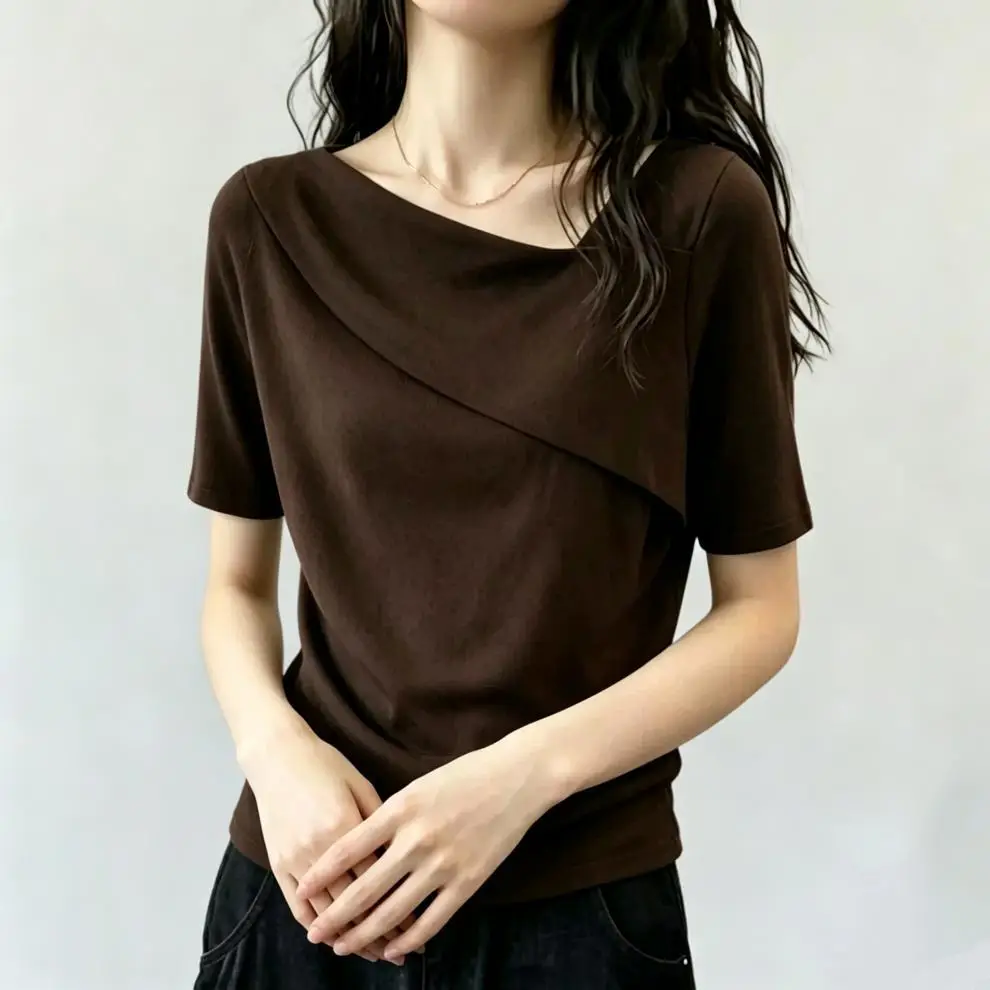 Chic Design with a Unique Shoulder Cut and Asymmetrical Neckline, Short-Sleeve T-Shirt for Women, New Summer Style, Loose Fit for Plus-Size, Slimming, Versatile, Age-Reducing Top — feature 3