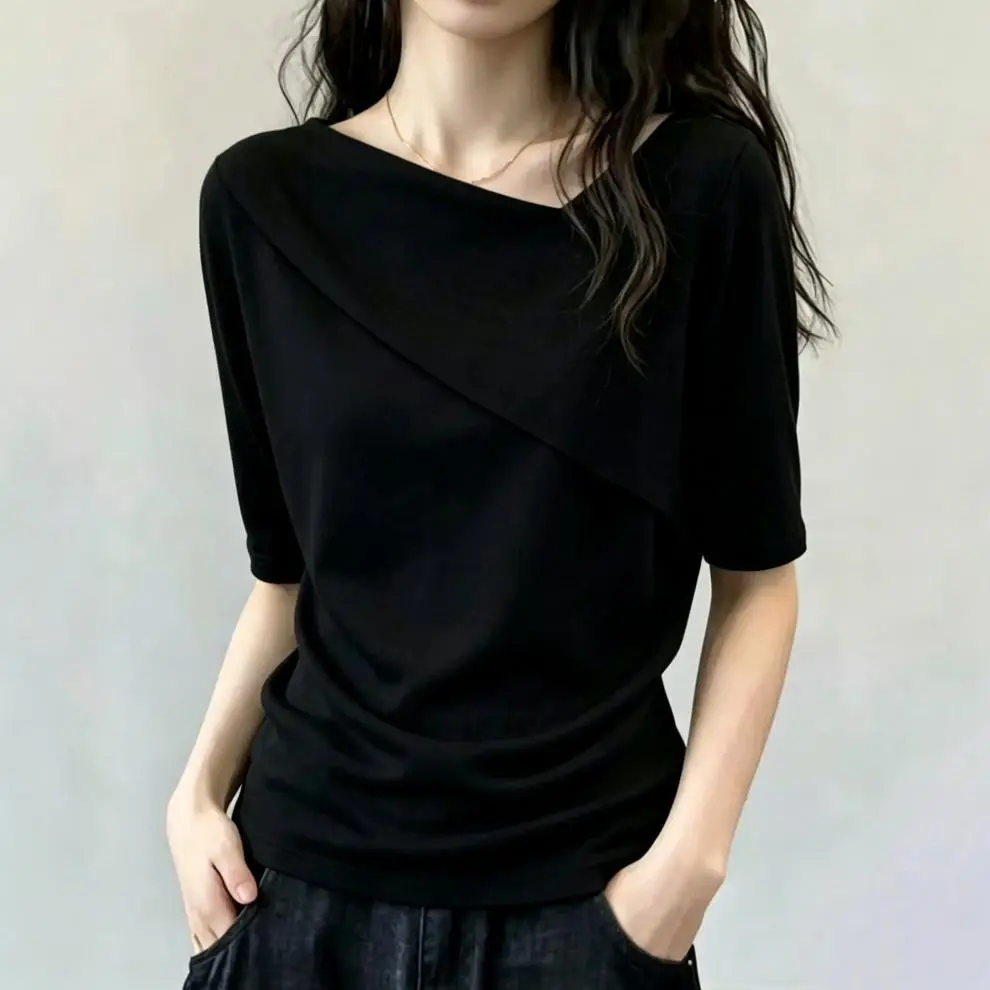 Chic Design with a Unique Shoulder Cut and Asymmetrical Neckline, Short-Sleeve T-Shirt for Women, New Summer Style, Loose Fit for Plus-Size, Slimming, Versatile, Age-Reducing Top — feature 4